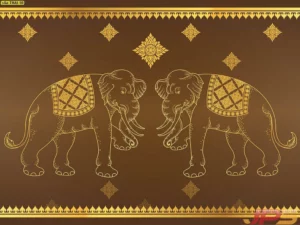 ภาพวอลเปเปอร์ผ้าแคนวาสหลังเทาลายช้างคู่ลายเส้นสีทองบนพื้นสีน้ำตาล ตกแต่งห้องพระเสริมสิริมงคล สั่งพิมพ์ขนาดได้ตามต้องการ