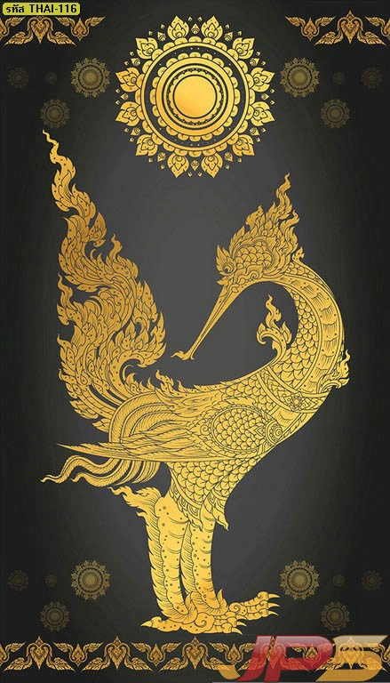 วอลเปเปอร์ลายหงส์ไทยสีทองบนพื้นหลังสีดำหรูหรา ภาพลายไทยกราฟิกประณีตสำหรับตกแต่งผนังห้องทำงานผู้บริหารให้ดูภูมิฐาน