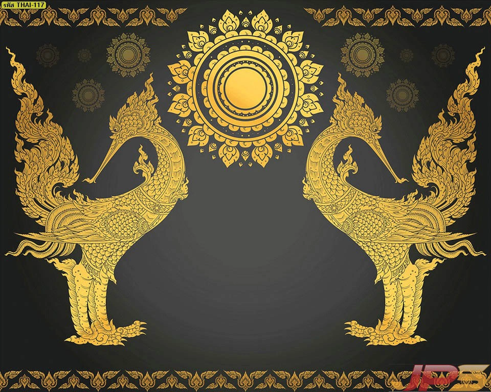 วอลเปเปอร์ลายหงส์คู่สีทองพื้นดำ ภาพพิมพ์แคนวาสลายหงส์ไทยสั่งทำตามขนาด เสริมฮวงจุ้ยความรักและการเกื้อหนุนในครอบครัว