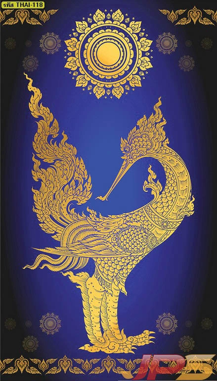 วอลเปเปอร์ลายหงส์ไทยสีทองพื้นหลังน้ำเงินเข้ม ภาพศิลปะไทยติดผนังเสริมมงคล สร้างบรรยากาศที่สงบนิ่งและเปี่ยมด้วยพลังอำนาจ