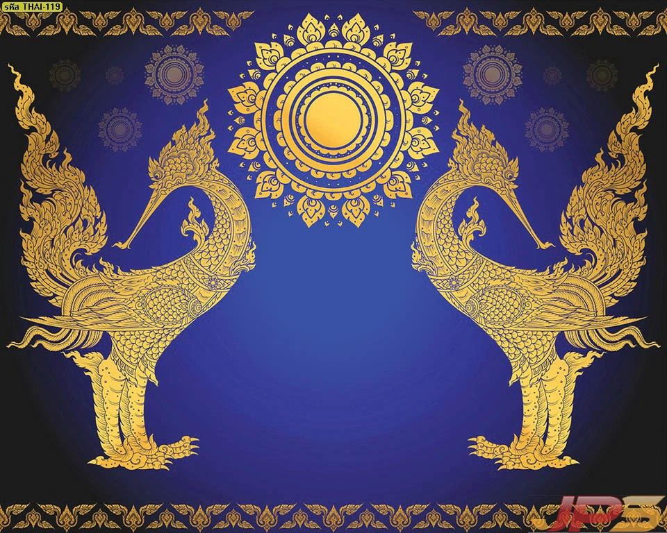 วอลเปเปอร์ลายหงส์คู่ตกแต่งห้องพระพื้นสีน้ำเงิน สติ๊กเกอร์ 3M ลายไทยคุณภาพสูงสำหรับประดับผนังและฉากหลังสิ่งศักดิ์สิทธิ์