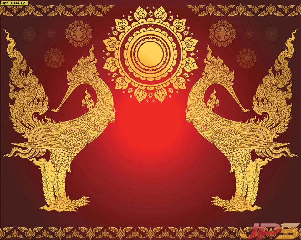 วอลเปเปอร์ลายหงส์คู่สีทองพื้นแดง ภาพศิลปะไทยติดผนังเสริมมงคลสำหรับตกแต่งวัดและสถานปฏิบัติธรรมให้ดูสง่างามเป็นระเบียบ