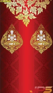 วอลเปเปอร์ตกแต่งสถานที่ประกอบพิธีกรรมลายเทพพนมคู่ประดับลวดลายกนกช่อใหญ่ด้านบนสื่อถึงความรุ่งเรืองและสงบสุขนิยมใช้ตกแต่งในโบสถ์วิหารและห้องพระบ้าน
