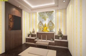 การตกแต่งห้องพระขนาดเล็กด้วยวอลเปเปอร์ลายเทพพนมพื้นสีเหลืองทองสลับลายแถบตั้งที่ช่วยให้เพดานห้องดูสูงโปร่งและโอ่โถงขึ้น