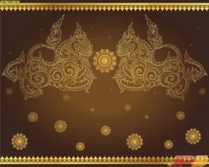 วอลเปเปอร์ลายราชสีห์สิงห์ทองพื้นสีน้ำตาลทองให้ความรู้สึกอบอุ่นและสงบเหมาะสำหรับตกแต่งห้องปฏิบัติธรรมหรือโถงรับรองโรงแรม