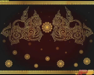 วอลเปเปอร์ลายไทยพื้นสีเข้มขอบทองลายสิงห์คู่บารมีงานพิมพ์ระบบ UV คุณภาพสูงสำหรับตกแต่งโรงแรมและสถานที่สำคัญที่ต้องการความพรีเมียม