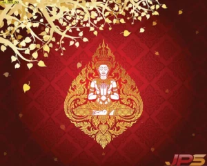 สั่งทำรูปศิลปะไทยติดผนังห้องพระลายเทพพนมสีแดงทองสุดคลาสสิก งานพิมพ์ลงวอลเปเปอร์สีขาวลายนูนดูมีมิติสวยงาม
