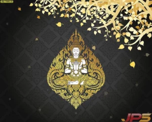 ตกแต่งผนังด้วยภาพเทพพนมตกแต่งห้องพระโทนสีเข้ม ประดับใบโพธิ์มุมขวา พิมพ์ด้วยวอลเปเปอร์สีขาวลายนูนสร้างบรรยากาศสงบร่มเย็น