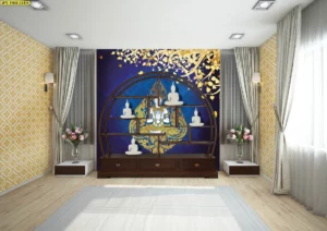 วอลเปเปอร์ใบโพธิ์แคนวาสหลังเทากันแสงทึบ ประดับฉากหลังหิ้งพระด้วยลวดลายไทยประยุกต์ให้ความรู้สึกสงบและทันสมัย