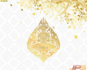 รูปติดผนังห้องพระลายเทพพนมสีทองบนพื้นหลังสีขาวสว่าง พิเศษด้วยวัสดุวอลเปเปอร์สีขาวลายนูนที่เข้ากับบ้านสไตล์มินิมอลได้อย่างดี