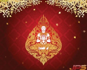 ภาพเทพพนมตกแต่งห้องพระพื้นหลังสีแดงมงคลประดับใบโพธิ์ทอง ลวดลายสีขาวช่วยเสริมความโดดเด่นและหรูหรา