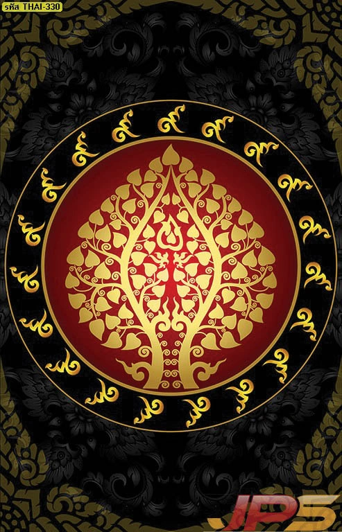 วอลเปเปอร์ลายใบโพธิ์ทองพื้นหลังสีดำประณีตสำหรับตกแต่งผนังห้องพระ เสริมความขรึมขลังและบารมีด้วยงานพิมพ์คุณภาพสูงที่เน้นรายละเอียดลวดลายกนก