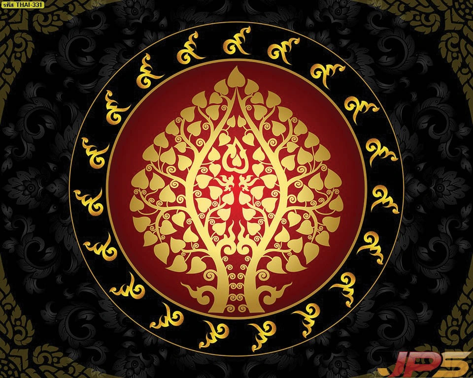 วอลเปเปอร์ลายใบโพธิ์ทองพื้นหลังสีดำลายกนกไทยดั้งเดิม เสริมความขรึมขลังศักดิ์สิทธิ์ด้วยวงกลมธรรมจักรสีทองหรูหราเหมาะสำหรับตกแต่งห้องพระขนาดใหญ่
