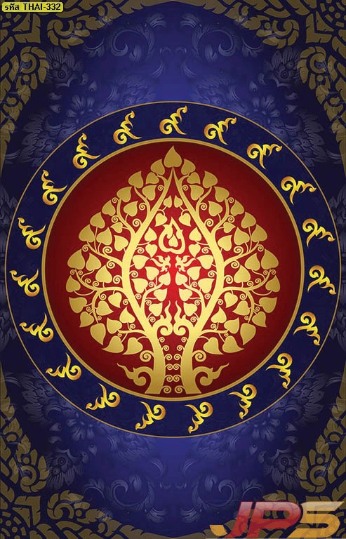 ภาพศิลปะไทยมงคลสำหรับติดผนังห้องพระ ลายใบโพธิ์ทองพื้นสีน้ำเงินเข้ม แสดงถึงความสงบและมั่นคง ช่วยปรับพลังงานในห้องสวดมนต์ให้เย็นสบายและเป็นสิริมงคล