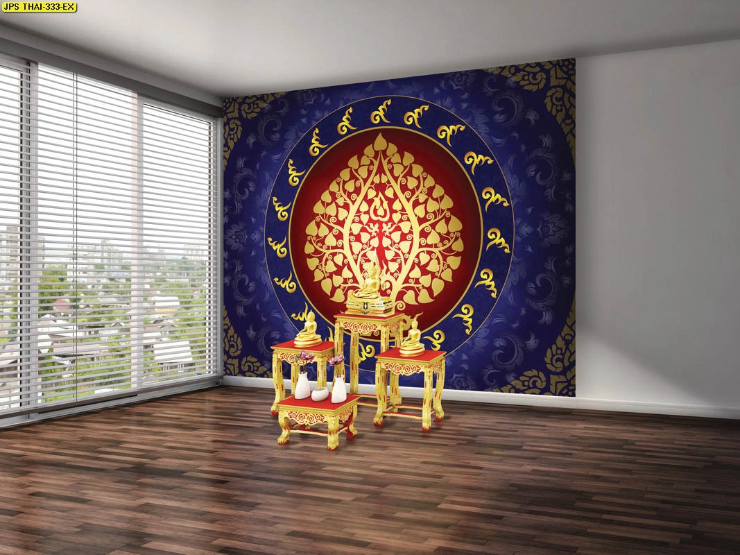 การตกแต่งห้องพระด้วยวอลเปเปอร์ลายใบโพธิ์ทองหลังโต๊ะหมู่บูชาโทนสีน้ำเงินทอง สร้างมิติลุ่มลึกและจุดเด่นที่สง่างามให้กับการออกแบบสถาปัตยกรรมภายใน