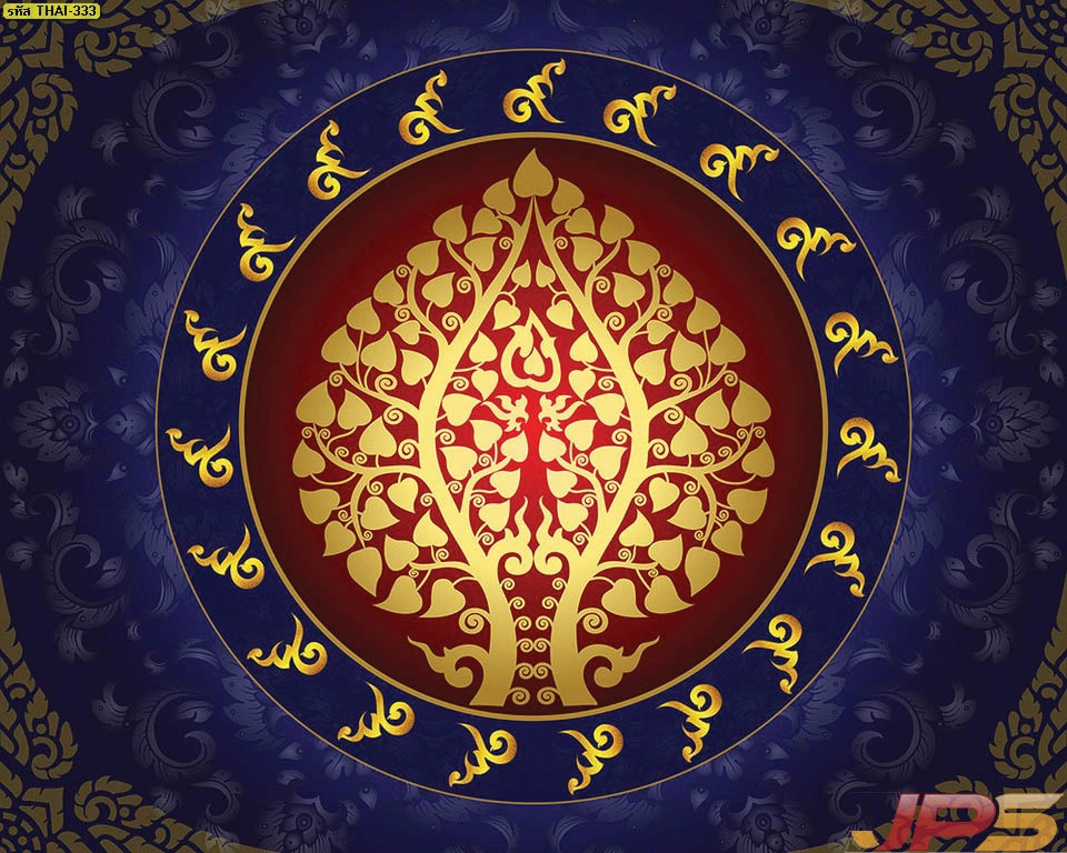 ภาพมงคลลายใบโพธิ์ทองพื้นสีน้ำเงินเข้มหรูหราสำหรับติดผนังหลังโต๊ะหมู่บูชา ช่วยสร้างบรรยากาศสงบและเป็นมงคลให้กับห้องพระในบ้านยุคใหม่สไตล์ร่วมสมัย