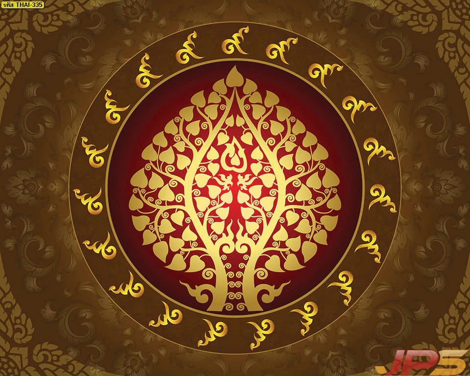 วอลเปเปอร์ลายต้นโพธิ์ทองวงกลมสไตล์โมเดิร์นบนพื้นสีน้ำตาลคลาสสิก เพิ่มความอบอุ่นและหรูหราให้กับผนังห้องพระด้วยงานพิมพ์คุณภาพสูงลายเส้นกนกอ่อนช้อยประณีต