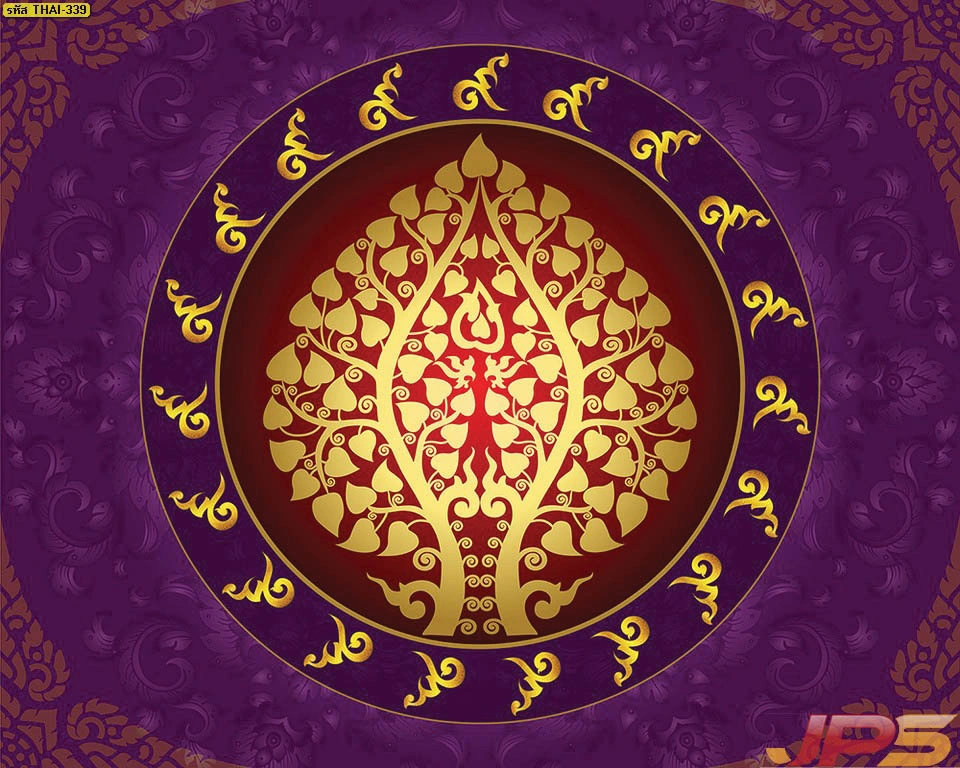 วอลเปเปอร์ลายใบโพธิ์ทองพื้นสีม่วงมงคล เสริมบารมีและโชคลาภด้วยงานศิลปะไทยร่วมสมัย สีสันสดใสพิมพ์ลายด้วยระบบดิจิทัลคุณภาพสูง ทนทานต่อการใช้งานยาวนาน