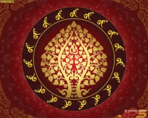 ภาพตกแต่งห้องพระสีแดงทองลายใบโพธิ์ เสริมความรุ่งเรืองและอำนาจบารมี ลายไทยกนกพื้นหลังละเอียดอ่อนประณีตสะท้อนความงดงามของพุทธศิลป์ได้อย่างสมบูรณ์แบบ