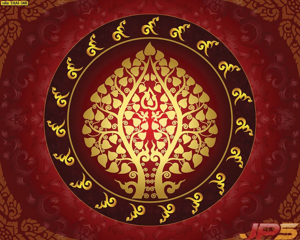 ภาพตกแต่งห้องพระสีแดงทองลายใบโพธิ์ เสริมความรุ่งเรืองและอำนาจบารมี ลายไทยกนกพื้นหลังละเอียดอ่อนประณีตสะท้อนความงดงามของพุทธศิลป์ได้อย่างสมบูรณ์แบบ