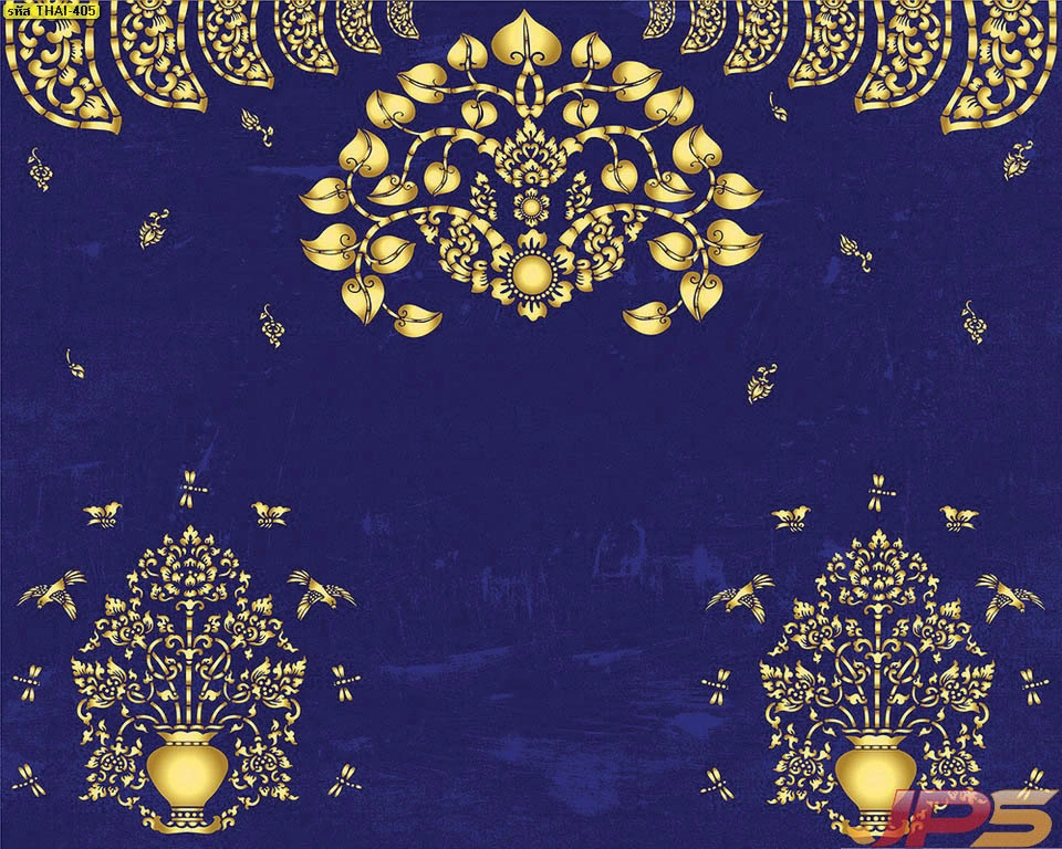 ภาพวอลเปเปอร์ตกแต่งห้องพระลายไทยสีทองพื้นสีน้ำเงินเข้มถ่ายทอดความประณีตของพุ่มข้าวบิณฑ์และใบโพธิ์มงคลเพื่อการตกแต่งที่สมบูรณ์แบบ
