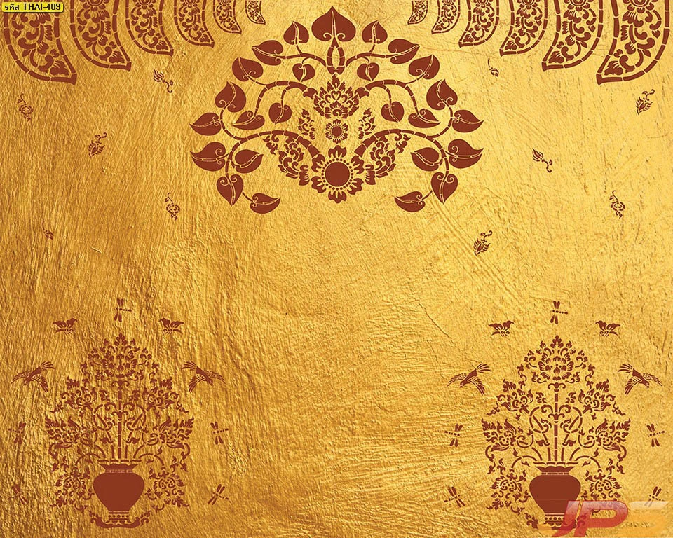 วอลเปเปอร์สั่งพิมพ์ขนาดใหญ่ลายต้นโพธิ์พุ่มข้าวบิณฑ์สีน้ำตาลแดงบนพื้นสีทองสว่างช่วยยกระดับงานพุทธศิลป์ประดับผนังให้ดูทรงคุณค่า