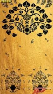 ภาพมงคลติดผนังห้องพระสไตล์โมเดิร์นคลาสสิกลายโพธิ์สีดำบนพื้นผิวสีทองแวววาวช่วยเน้นความหรูหราและร่วมสมัยให้กับการตกแต่งภายใน