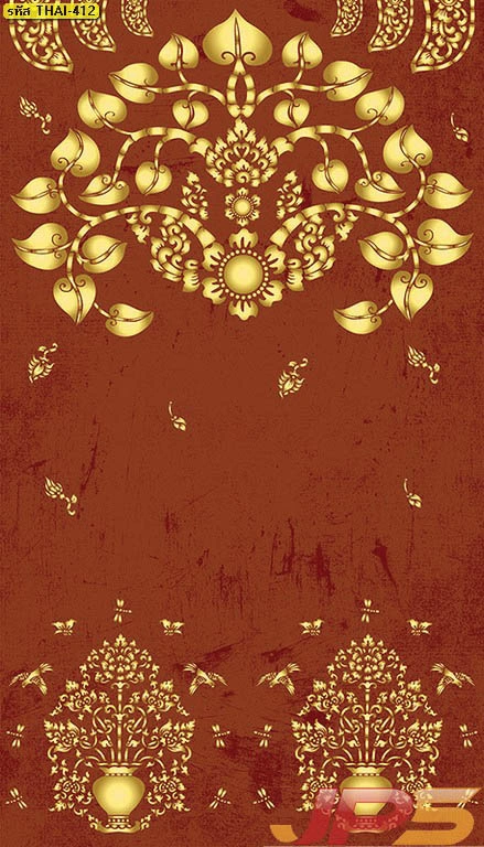 วอลเปเปอร์ลายไทยร่วมสมัยพื้นสีแดงเข้มประดับลายโพธิ์ทองเหมาะสำหรับตกแต่งผนังหลังโต๊ะหมู่บูชาเพื่อเสริมอำนาจบารมีและโชคลาภแก่ผู้อยู่อาศัย