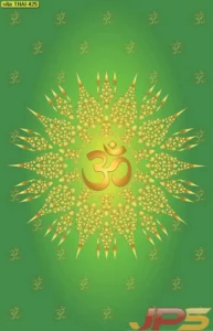 สติ๊กเกอร์ติดกระจกห้องพระลายไทยรูปสัญลักษณ์โอมสีทองบนพื้นสีเขียว งานพิมพ์พรีเมียมความละเอียดสูงที่ช่วยสร้างบรรยากาศสงบและร่มเย็น