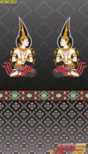 วอลเปเปอร์ลายไทยเทพพนมทรงเครื่องสีทองเหลืองอร่ามบนพื้นหลังสีเทาเข้มลายพุ่มข้าวบิณฑ์พร้อมแถบเชิงลายพิกุลแก้วสำหรับตกแต่งห้องพระให้ดูสง่างาม