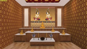 วอลเปเปอร์เทพพนมพื้นน้ำตาลลายทองติดตั้งในห้องพระสไตล์ไทยร่วมสมัย ผนังหลักจัดวางสมมาตรกับแท่นบูชาเพื่อสร้างบรรยากาศสงบ