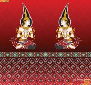 วอลเปเปอร์ลายเทพพนมพื้นแดงลายทองแสดงภาพเทวดาพนมมือทรงเครื่องวิจิตรงดงามเหมาะสำหรับตกแต่งผนังห้องพระภายในบ้านและอาคาร