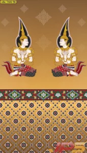 ภาพเทพพนมพื้นน้ำตาลทองไล่เฉดพร้อมลายดอกไทยด้านบน ช่วยให้ผนังห้องพระดูมีชั้นเชิงและเหมาะกับงานตกแต่งจริง