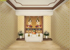 ตัวอย่างห้องพระใช้วอลเปเปอร์เทพพนมโทนน้ำตาลทอง ผนังข้างใช้ลายซ้ำสร้างความต่อเนื่องของพื้นที่และความสมดุลขององค์ประกอบ
