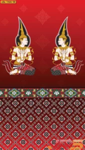 ภาพเทพพนมลายกนกบนพื้นหลังสีแดงเข้มไล่เฉดประดับลวดลายพุ่มข้าวบิณฑ์สีทองอร่ามเหมาะสำหรับงานตกแต่งภายในวัดศาลาและสถานที่ประกอบพิธีกรรมทางศาสนา