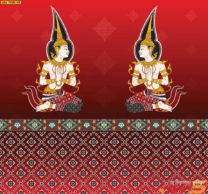 วอลเปเปอร์ตกแต่งห้องพระลายไทยพื้นแดงโดดเด่นด้วยองค์เทพพนมทรงเครื่องทองลายเส้นคมชัดช่วยสร้างบรรยากาศที่เงียบสงบและศรัทธาให้แก่พื้นที่บูชาพระ