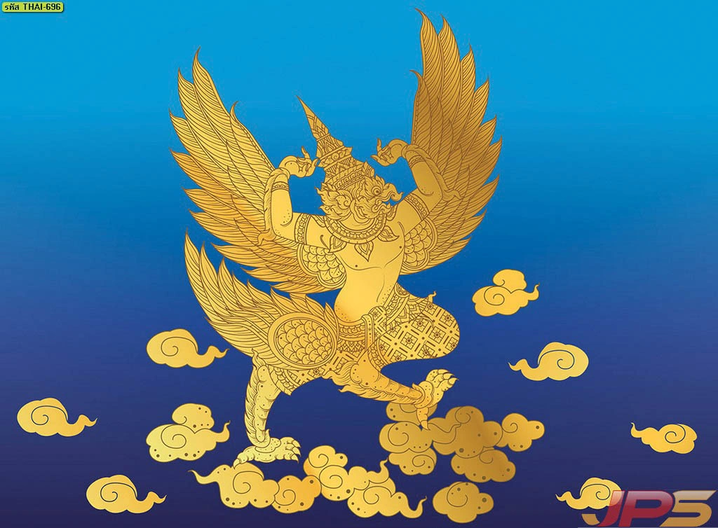 วอลเปเปอร์ลายพญาครุฑพื้นน้ำเงินทอง ภาพศิลปะไทยสำหรับตกแต่งภายในห้องพระ ช่วยขับผนังให้ดูสงบ สง่างาม และมีมิติแบบงานไทยประยุกต์