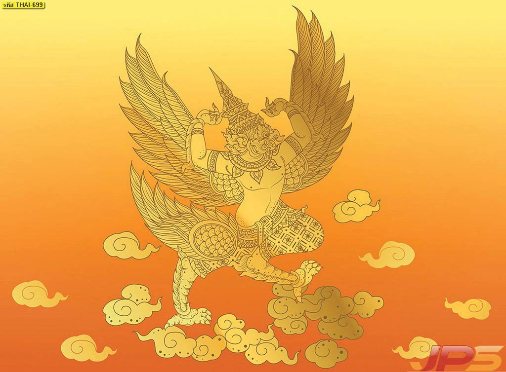 รูปศิลปะไทยพญาครุฑโทนส้มทองสำหรับห้องพระ วอลเปเปอร์ตกแต่งภายในที่ช่วยให้ผนังดูสว่าง อบอุ่น และโดดเด่นในสไตล์ไทยร่วมสมัย