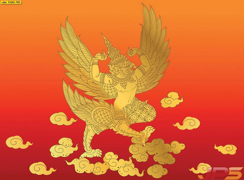 รูปติดผนังห้องพระลายพญาครุฑพื้นแดงส้มทอง งานพิมพ์ภาพศิลปะไทยที่สร้างจุดเด่นให้พื้นที่บูชาดูเข้มขลัง สว่าง และสะดุดตายิ่งขึ้น