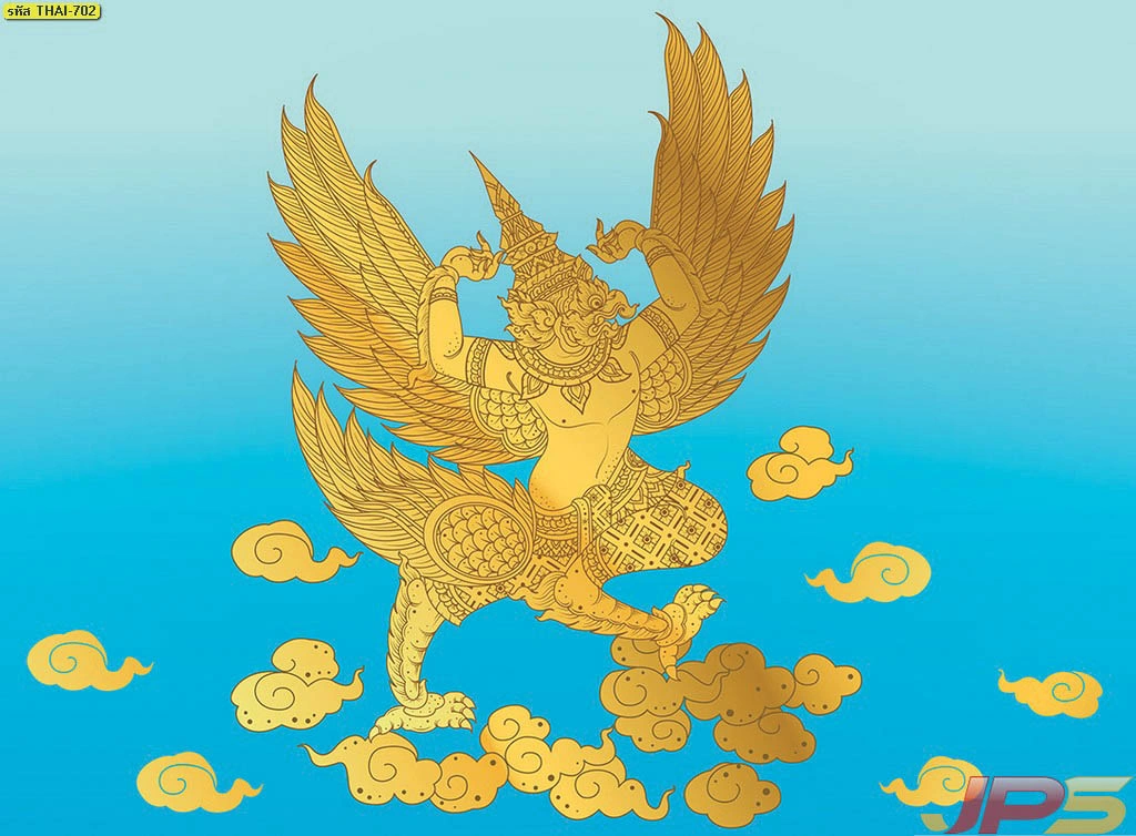 วอลเปเปอร์ลายพญาครุฑพื้นฟ้าทอง ภาพตกแต่งห้องพระสไตล์ไทยที่ช่วยให้บรรยากาศดูโปร่ง สบายตา และยังคงความสง่างามของลวดลายไทย