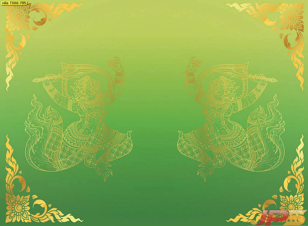 สั่งพิมพ์ภาพวรรณคดีไทยสีมงคลพื้นหลังสีเขียวเหนี่ยวทรัพย์ลายเส้นหนุมานสีทองอ่อนช้อยงดงามสำหรับงานสถาปัตยกรรมภายใน