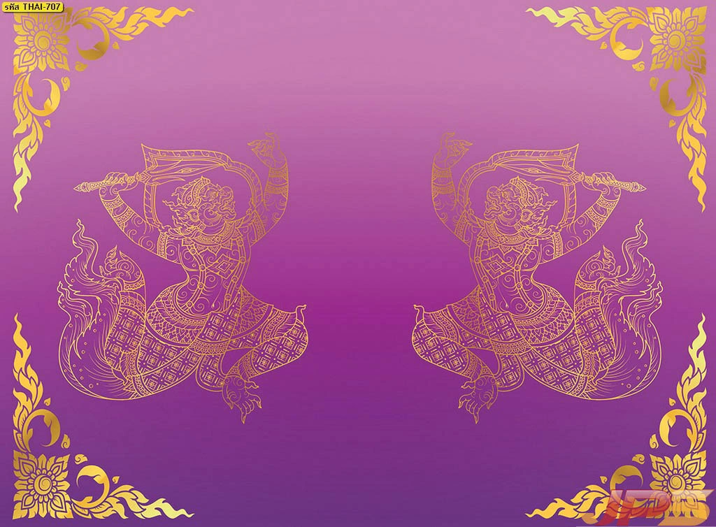 ภาพวอลเปเปอร์ลายไทยสีม่วงมงคลลายเส้นหนุมานสีทองวิจิตรบรรจงช่วยยกระดับความหรูหราให้พื้นที่ศักดิ์สิทธิ์ภายในบ้านอย่างลงตัว