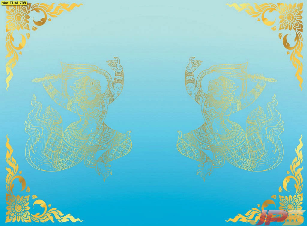 ภาพตกแต่งห้องพระลายไทยมงคลพื้นสีฟ้าสดใสพิมพ์ลายหนุมานสีทองเสริมความร่มเย็นเป็นสุขและสิริมงคลให้แก่ผู้อยู่อาศัยในบ้าน