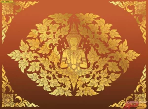 วอลเปเปอร์ลายเทพพนมพื้นน้ำตาลทอง ลายไทยกลางภาพเด่น เหมาะกับห้องพระที่ใช้เฟอร์นิเจอร์ไม้และโทนอบอุ่น