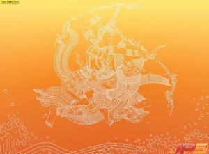 วอลเปเปอร์ลายไทยสีเหลืองส้มรูปพระรามแผลงศรบนหลังหนุมาน ลายเส้นสีขาวประณีตอ่อนช้อยช่วยเสริมความมงคลและสะท้อนเอกลักษณ์ศิลปะไทยเดิม