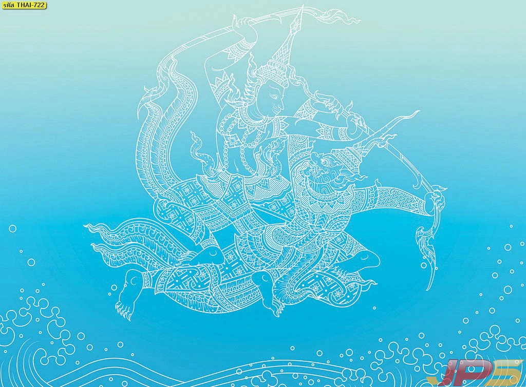 ภาพพระนารายณ์ทรงครุฑลายไทยประยุกต์โทนสีน้ำเงินคราม อาร์ตเวิร์กสั่งพิมพ์ขนาดใหญ่สำหรับตกแต่งภายในห้องพระหรือโถงต้อนรับอย่างมีระดับ