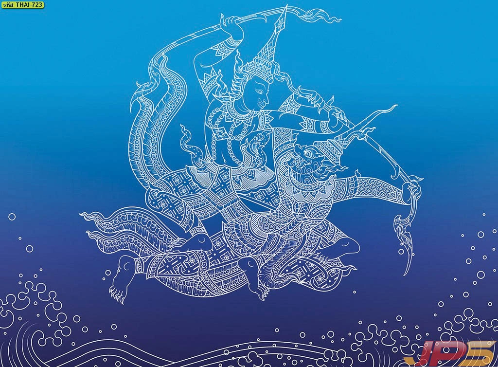 วอลเปเปอร์ภาพวรรณคดีไทยรูปพระนารายณ์ทรงครุฑพื้นหลังสีเขียวเหนี่ยวทรัพย์ ลายเส้นสีทองอ่อนช้อยเสริมสิริมงคลและการงานอาคารสำนักงาน