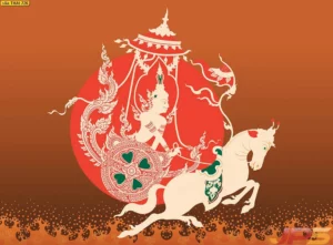 วอลเปเปอร์ลายพระอาทิตย์ทรงรถบนพื้นหลังสีน้ำตาลหรูหรา แสดงถึงพละกำลังและความรุ่งโรจน์ผ่านงานพุทธศิลป์ลายไทยที่มีความละเอียดสูงและงดงาม