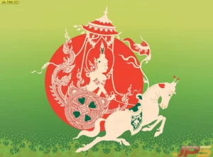 ภาพตกแต่งผนังลายพระอาทิตย์ทรงราชรถบนพื้นสีเขียวไล่โทนเหลืองทองสื่อถึงการเริ่มต้นใหม่ที่รุ่งเรืองและพลังแห่งชีวิตตามหลักมงคลไทย