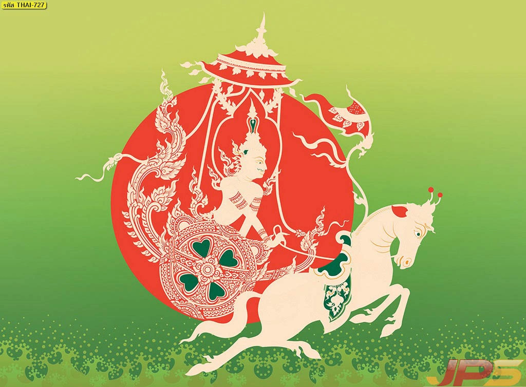 ภาพตกแต่งผนังลายพระอาทิตย์ทรงราชรถบนพื้นสีเขียวไล่โทนเหลืองทองสื่อถึงการเริ่มต้นใหม่ที่รุ่งเรืองและพลังแห่งชีวิตตามหลักมงคลไทย